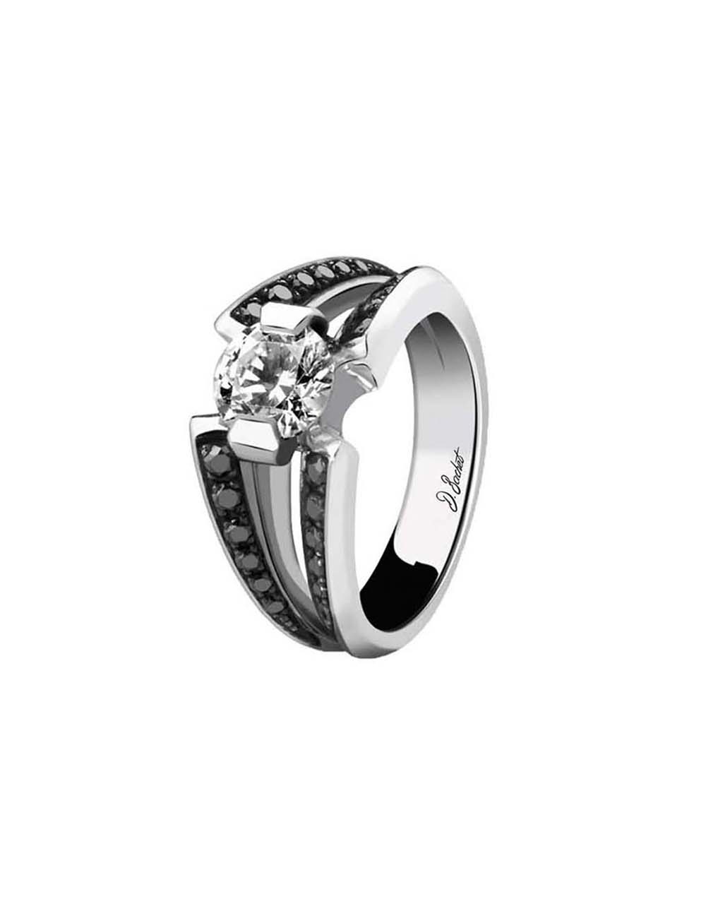 Bague de fiançailles 1 carat D.Bachet, anneau double platine et diamants noirs.