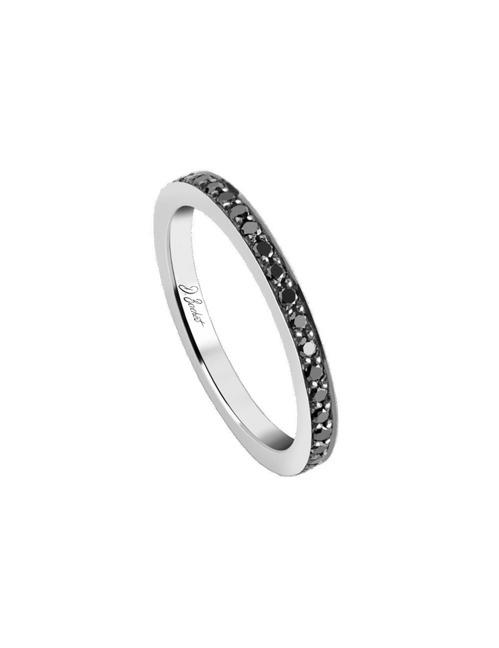 Platinum wedding band for women, adorned with sparkling black diamonds all around the ring, elegantly reflecting light.