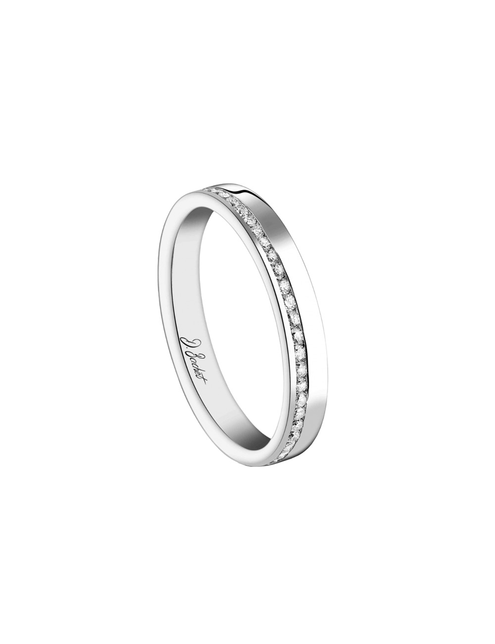 Refined women's diamond ring with modern lines in platinum, perfect to be worn alone or with an engagement ring.