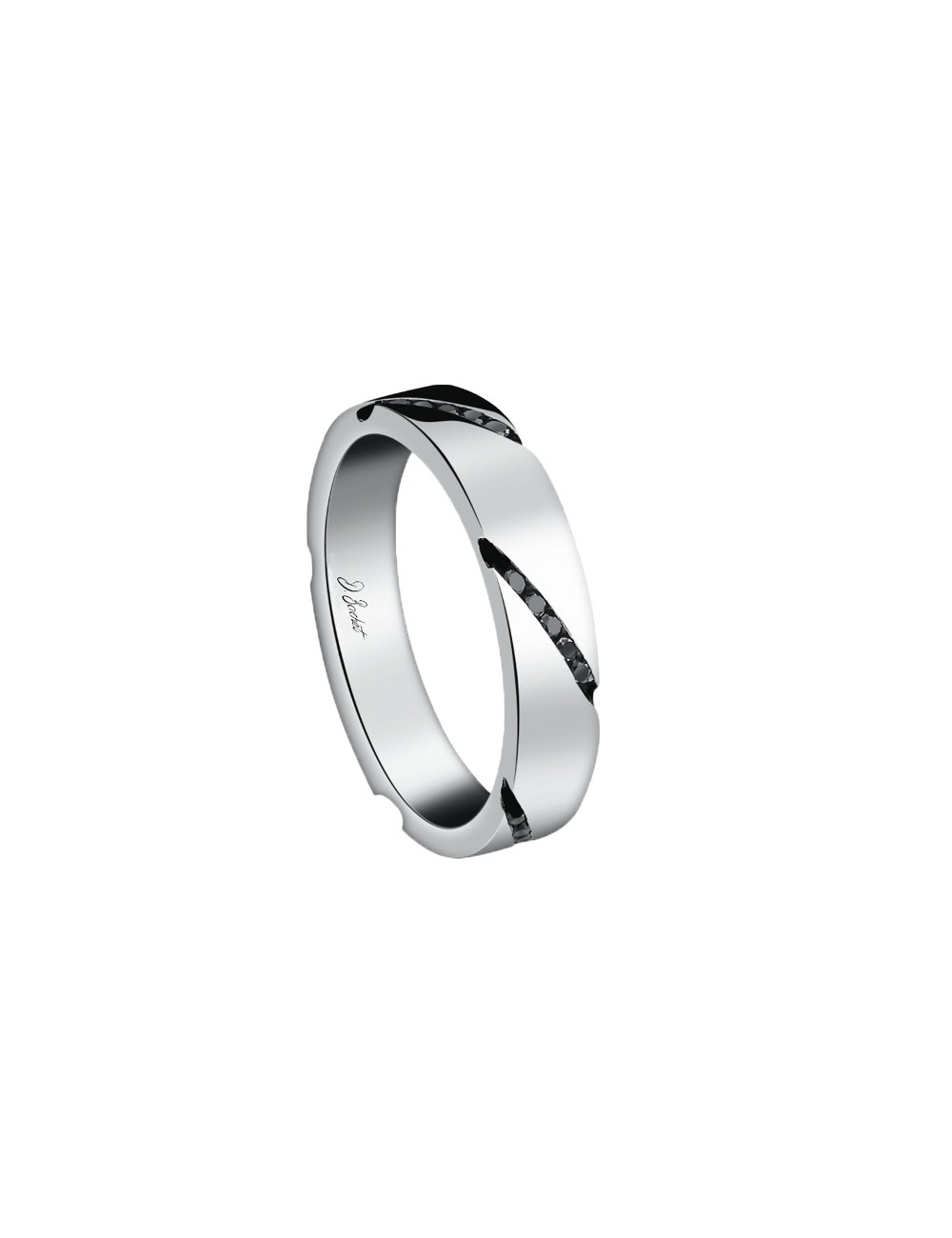 Men's platinum wedding band with a modern design, set with inclined rows of black diamonds.