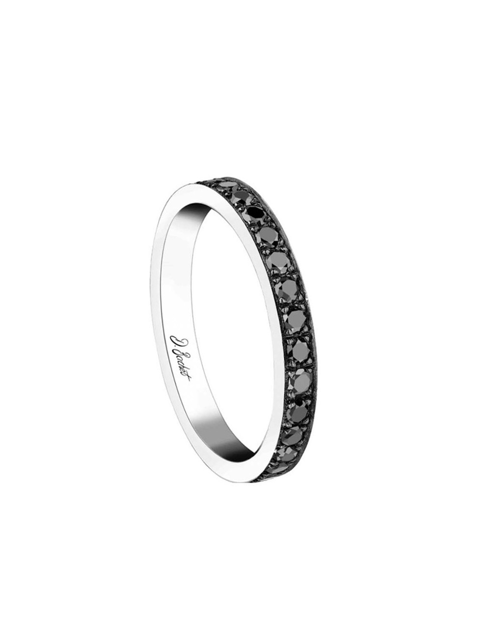 Unisex platinum wedding band, set with sparkling black diamonds around the ring, capturing light in a refined manner.