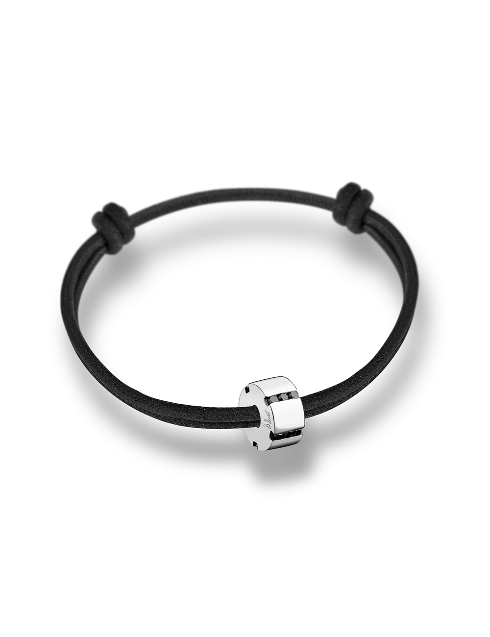 A modern bracelet for men in white gold 18k and black diamonds on a black cord with sliding knots