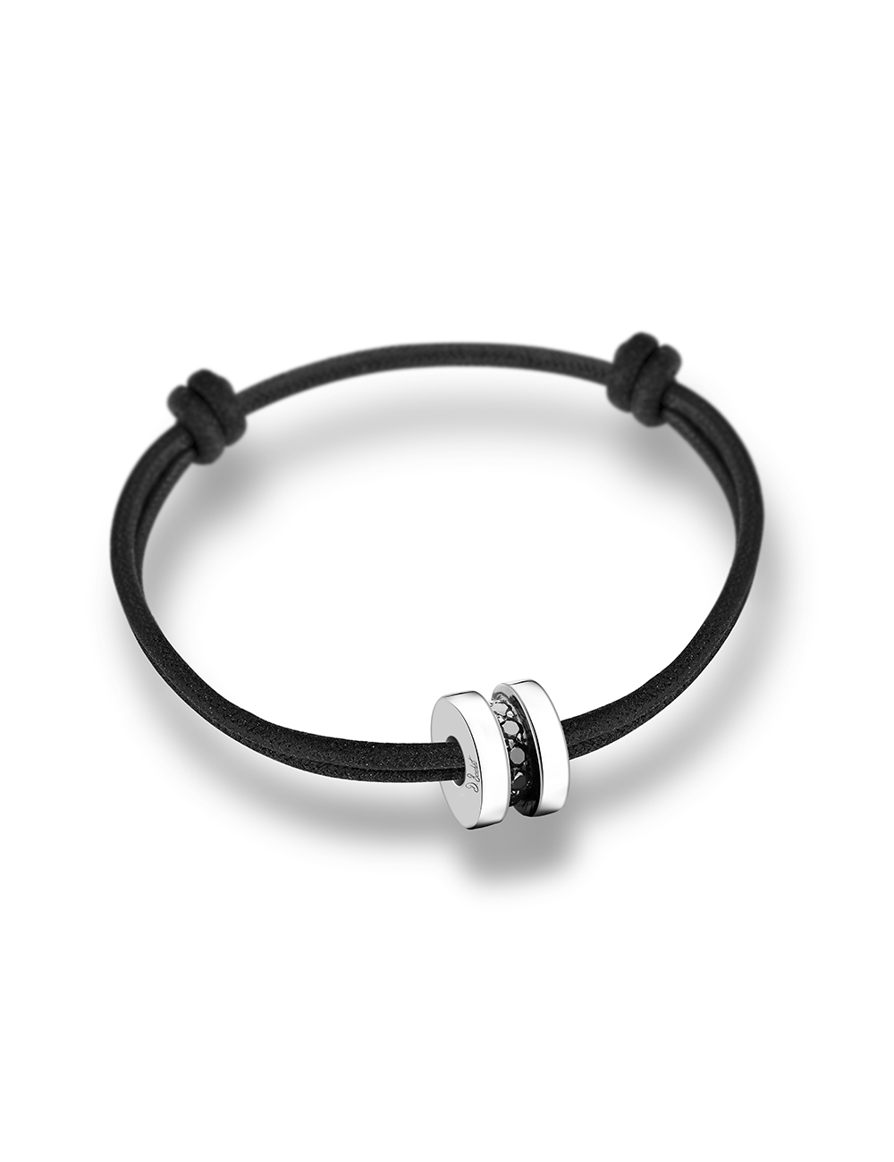 Jewelry gift : men's bracelet on an adjustable black cord, in white gold 18k and black diamonds