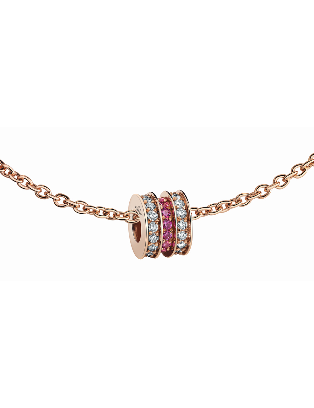 Rose gold pendant with white diamonds and pink sapphires, refined luxury.