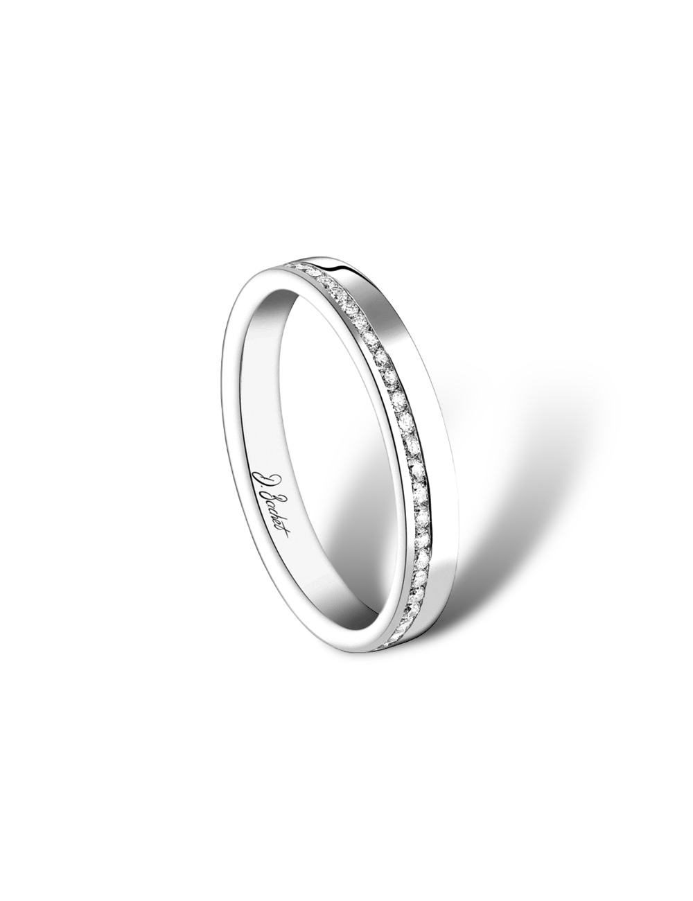 Refined women's diamond ring with modern lines in platinum, perfect to be worn alone or with an engagement ring.