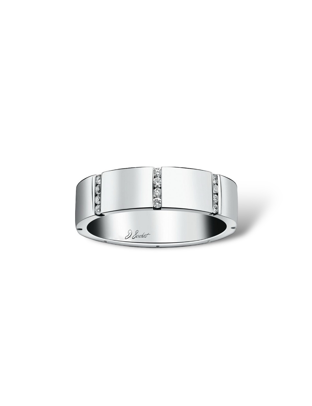 Women's platinum wedding band with a graphic and original design, set with white diamonds.