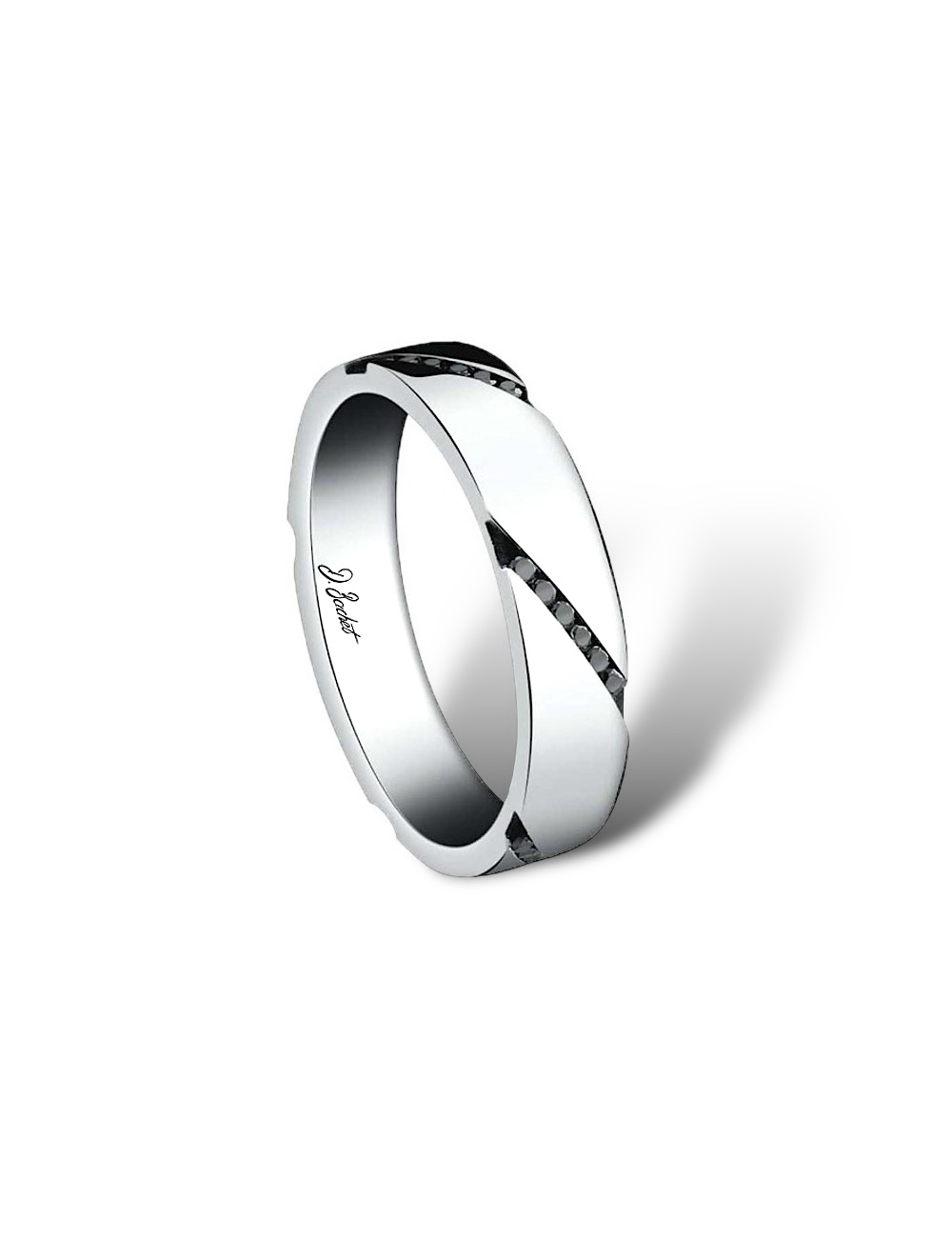 Bague de mariage homme sur-mesure, design audacieux avec lignes graphiques et diamants noirs, fabrication française.