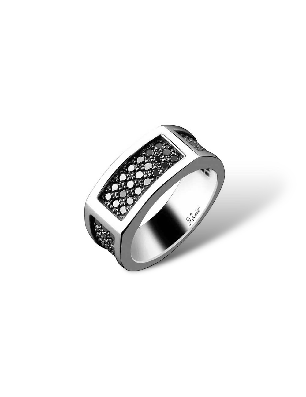 Men's platinum ring with black diamond pavé, an exceptional choice for a unique and bold engagement ring.