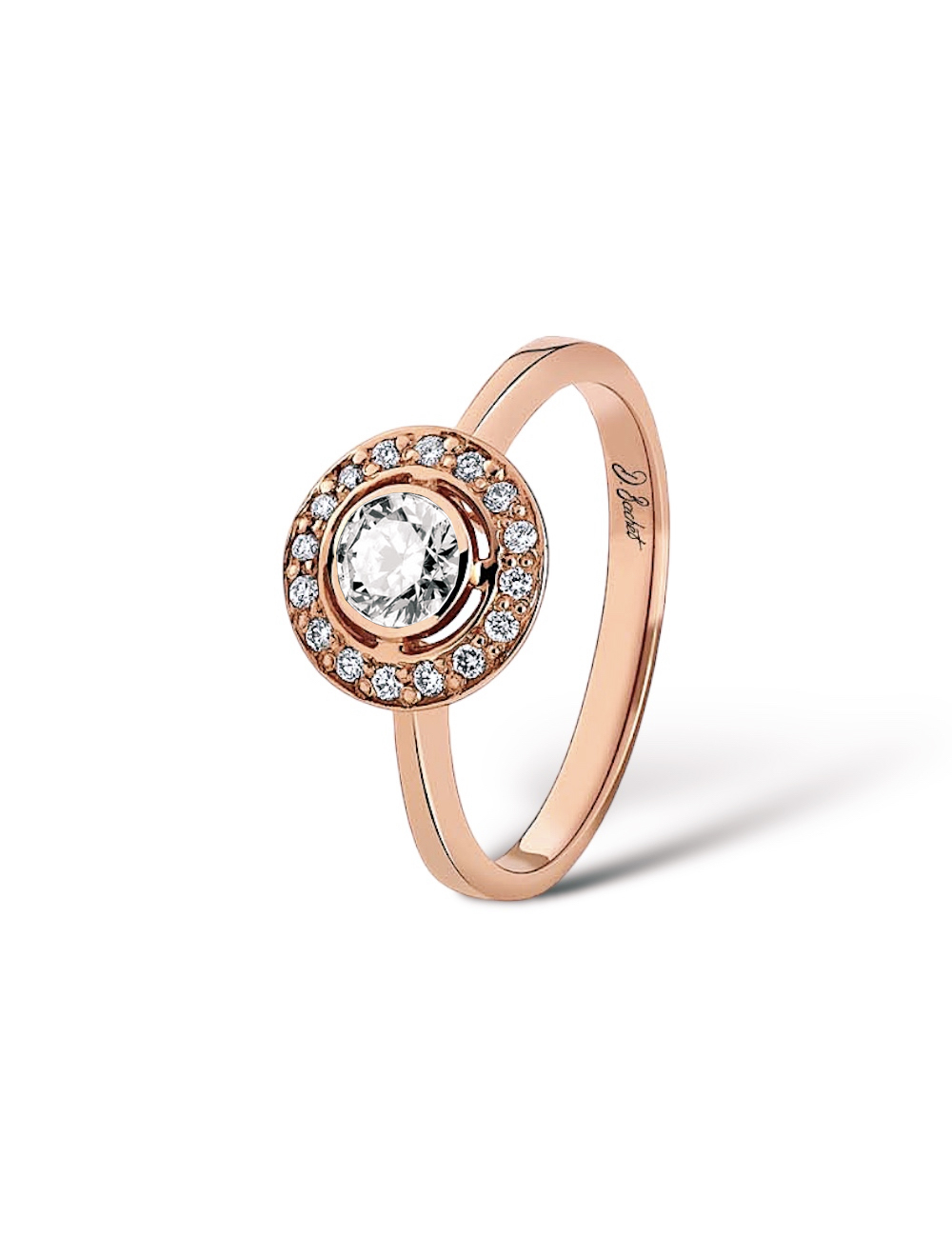 Vue de dessus de la bague 'About the Love' avec diamants scintillants sur corps en or rose.