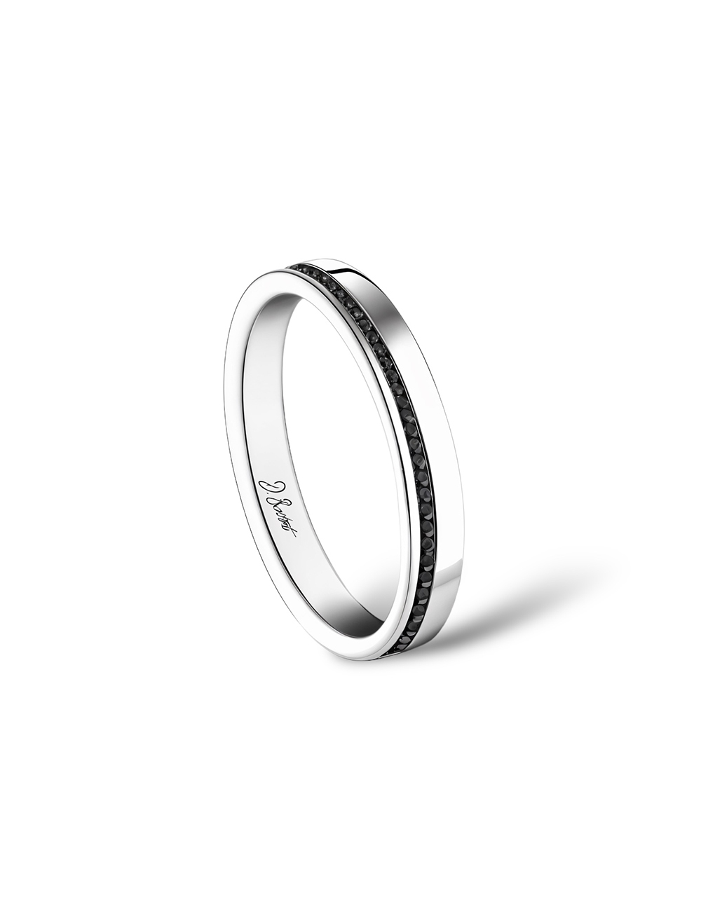 Modern unisex platinum wedding band with black diamonds, symbolizing bold and distinctive love, handcrafted in France.