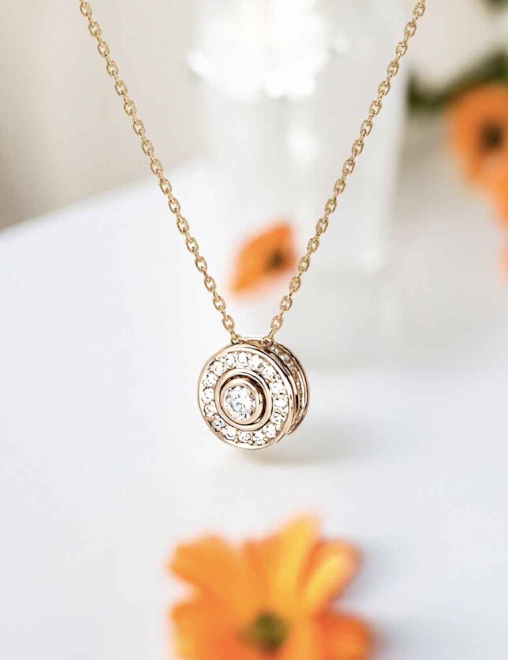 D.Bachet's Life Necklace: Central 0.20ct white diamond with halo & life flower design.