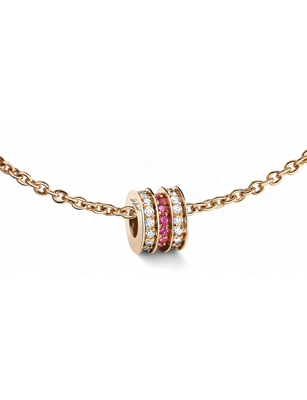 Rose gold pendant featuring white diamonds and pink sapphires in a refined, elegant design.