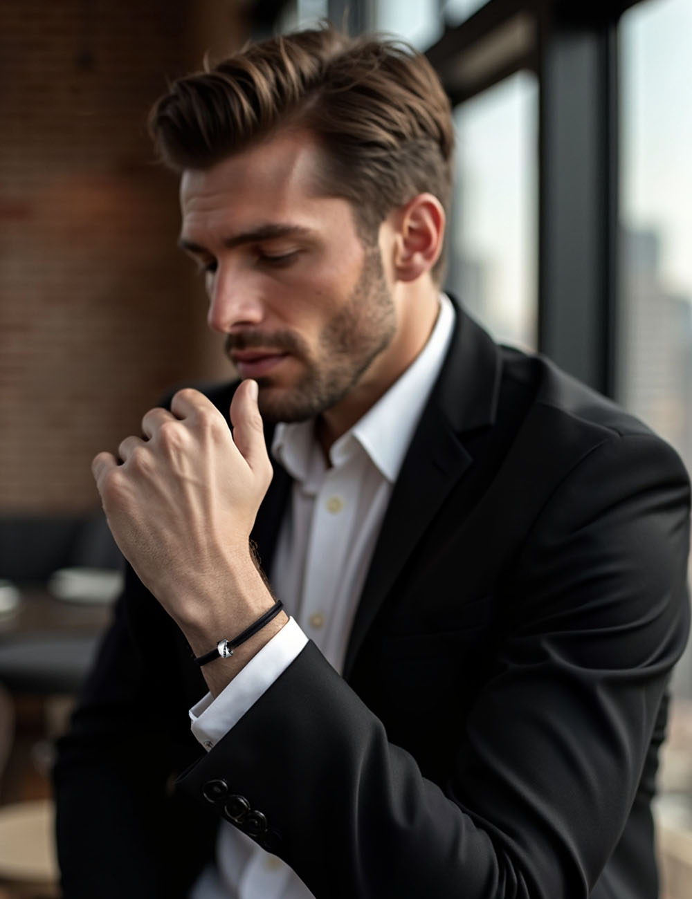 Contemporary men's 18-carat gold bracelet with black diamonds on an adjustable black cord.