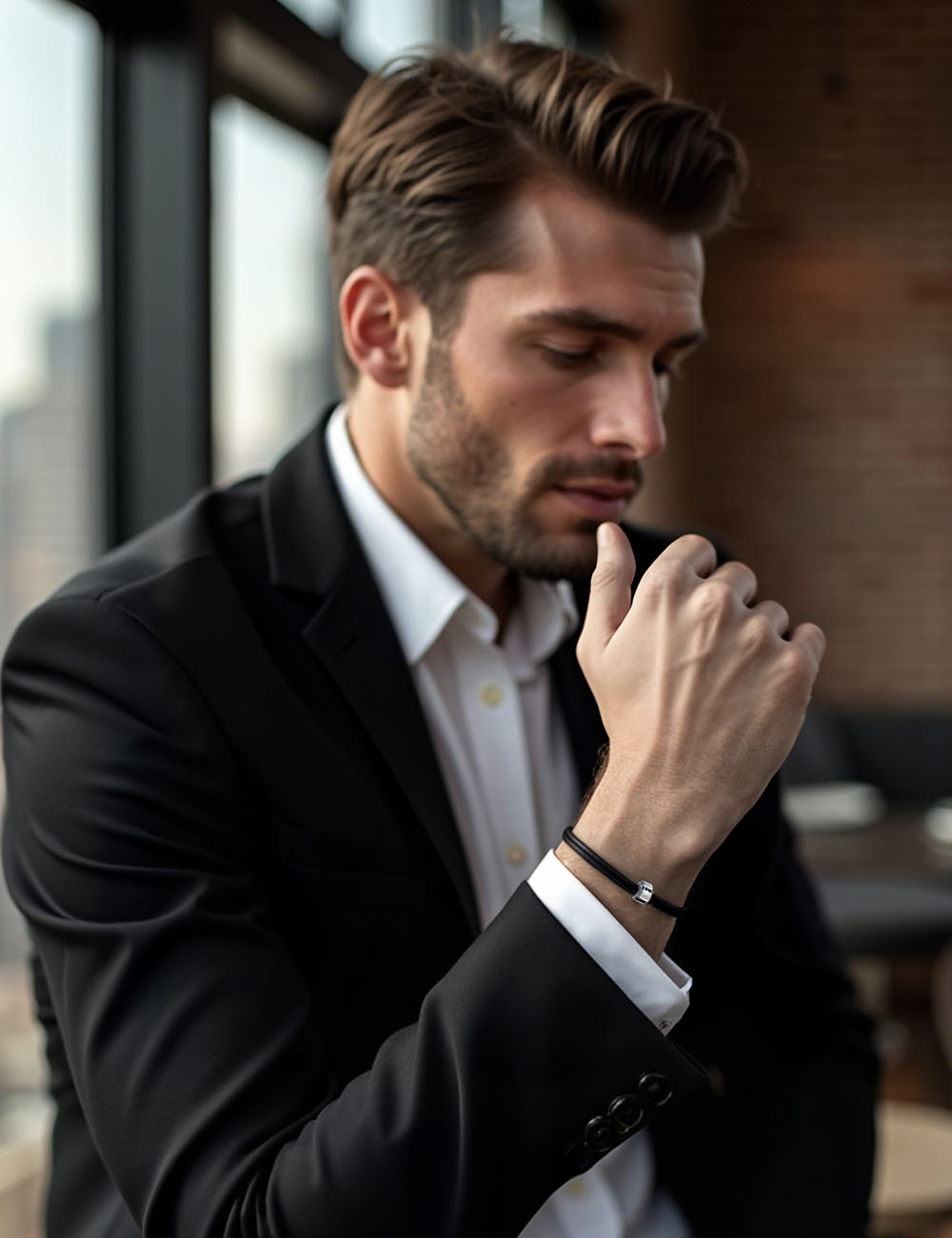 A modern bracelet for men in white gold 18k and black diamonds on a black cord with sliding knots