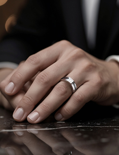 Master men’s signet ring in platinum and diamonds, merging classic design with modern elegance and a refined finish.