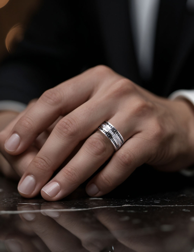 Bague de mariage moderne pour homme en platine, diamants blancs et noirs, au design large.