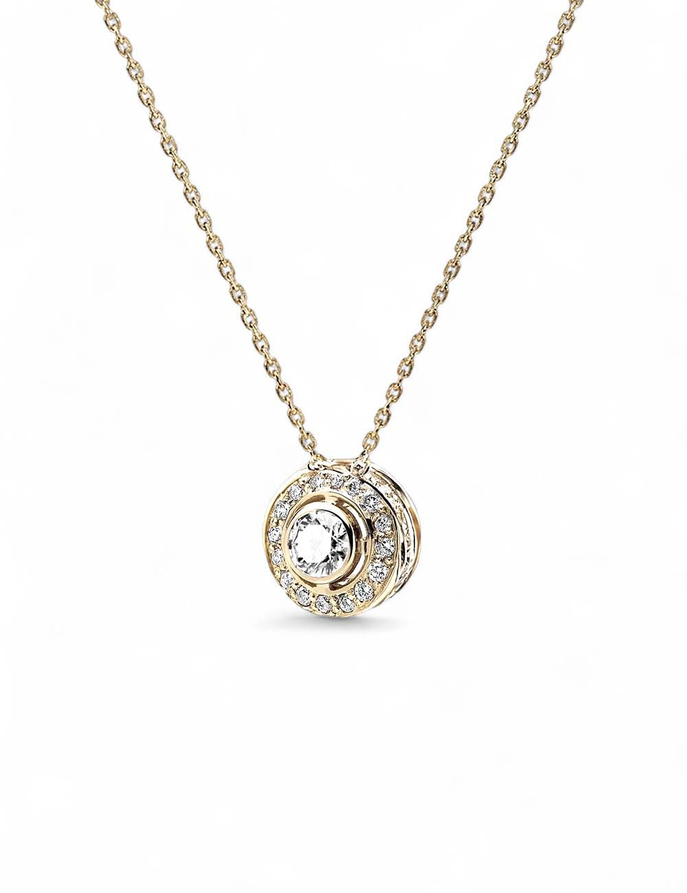 D.Bachet diamond halo necklace with central white diamond and detailed life flower back.