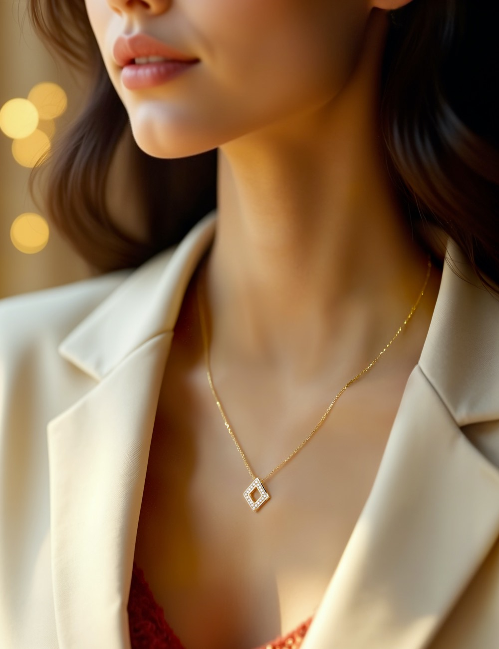 Modern and original women's pendant, diamond-shaped, crafted in gold and set with brilliant white diamonds.