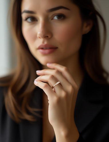 Bague en or rose avec diamants sertis. Élégance discrète et design contemporain sur une main féminine.