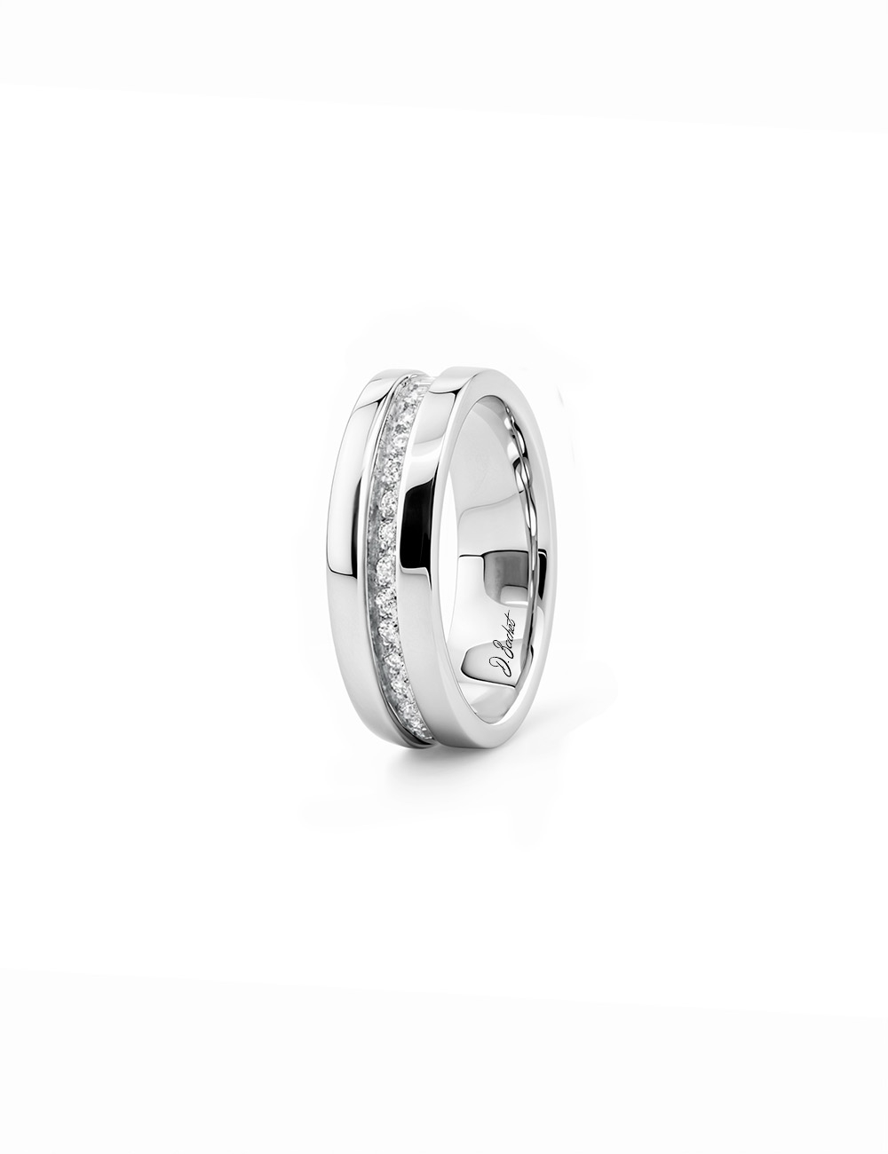 6mm women's wedding band in platinum with white diamonds, elegant modern style, also in black diamonds.