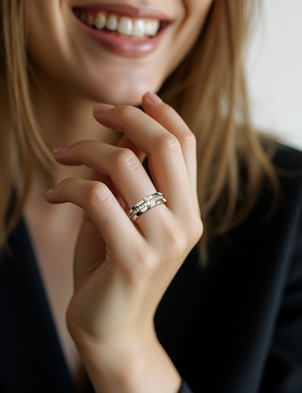 6mm women's wedding band in platinum with white diamonds, elegant modern style, also in black diamonds.