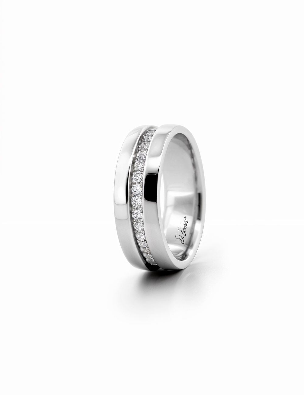 Women's platinum wedding band with white diamonds worn, timeless brilliance by D.Bachet.