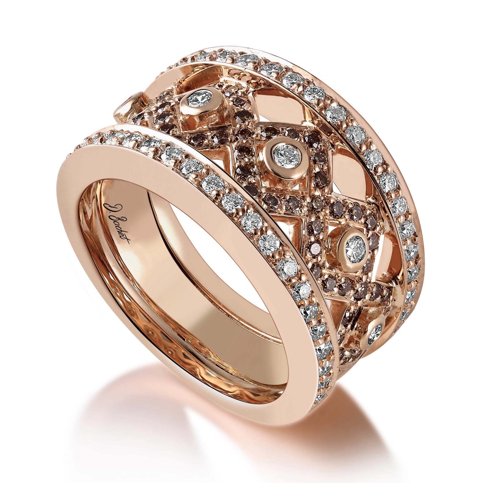 Bague Femme Moderne Or Rose, Diamants Blancs et Diamants Bruns